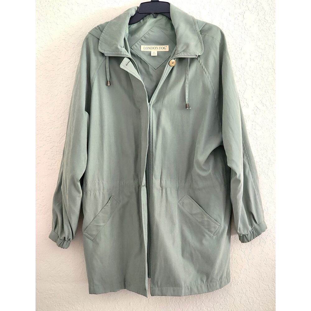 Jacket-London Fog-Sage Green-Removable Hood-Mid-Length-Zipper-Waist Tie-Size XL